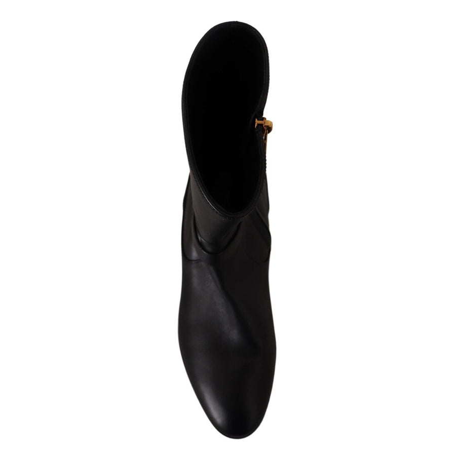 Dolce & Gabbana Black Leather Flats Logo Short Boots Shoes