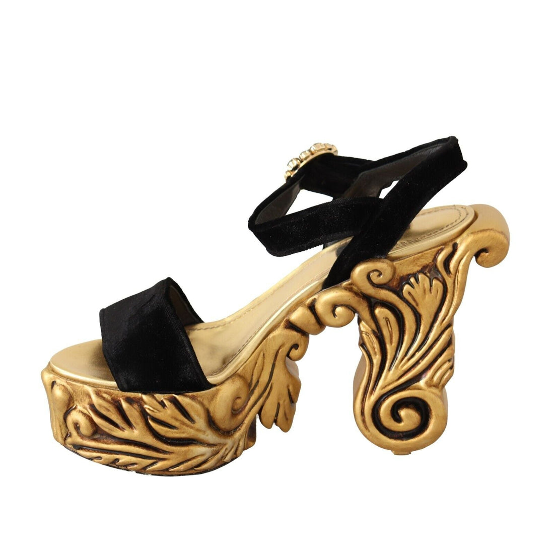 Dolce & Gabbana Black Gold Baroque Velvet Heels Crystal Shoes