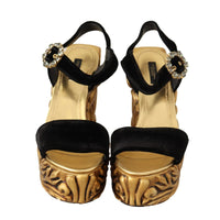 Dolce & Gabbana Black Gold Baroque Velvet Heels Crystal Shoes