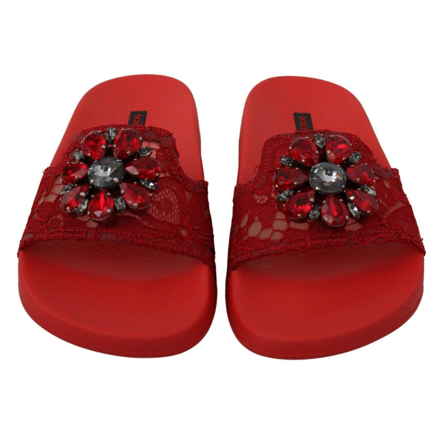 Dolce & Gabbana Red Lace Crystal Sandals Slides Beach Shoes