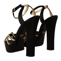 Dolce & Gabbana Black Gold Viscose Ankle Strap Heels Sandals Shoes