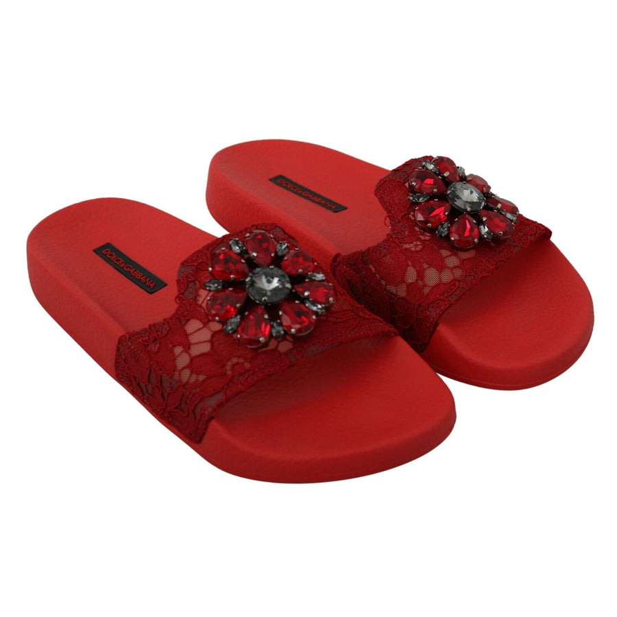 Dolce & Gabbana Red Lace Crystal Sandals Slides Beach Shoes