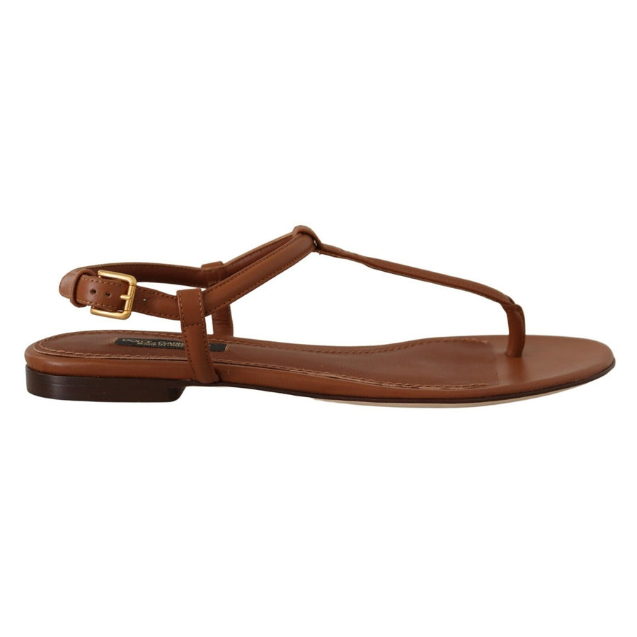 Dolce & Gabbana Brown Leather T-strap Slides Flats Sandals Shoes