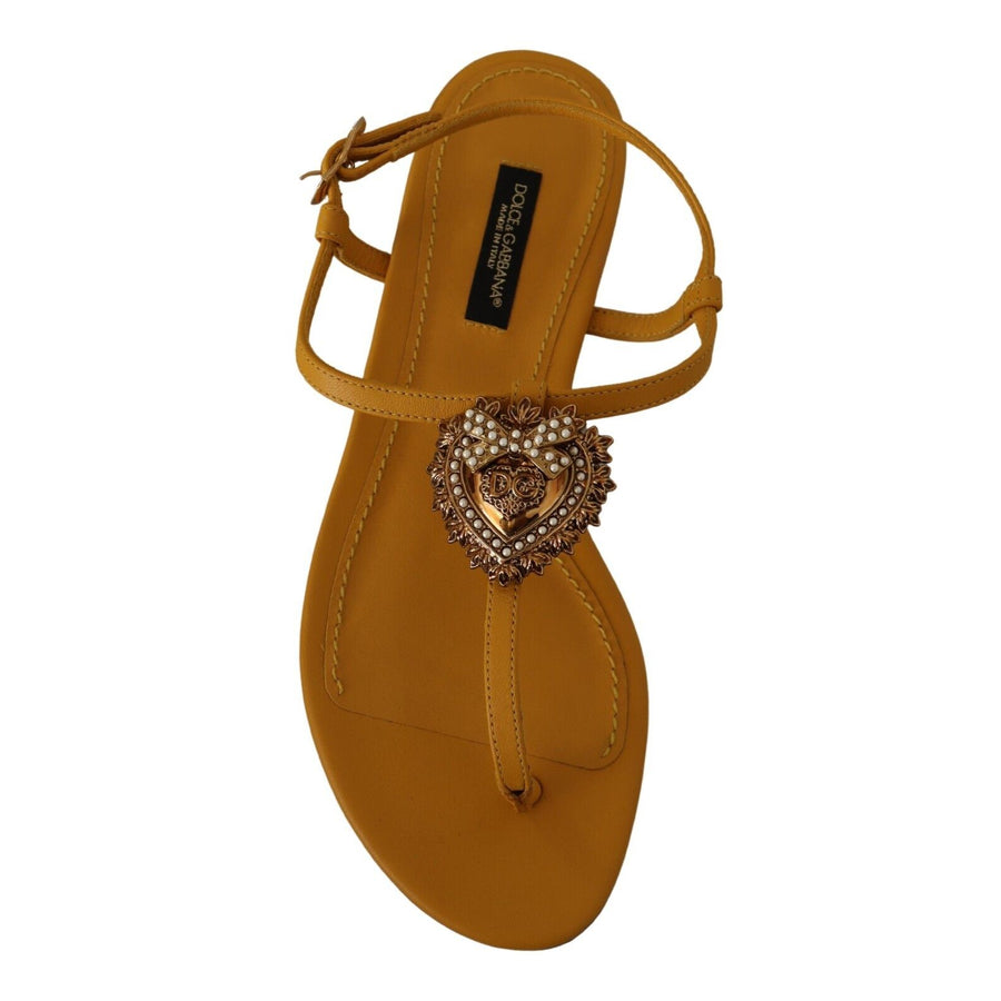 Dolce & Gabbana Mustard Leather Devotion Flats Sandals Shoes