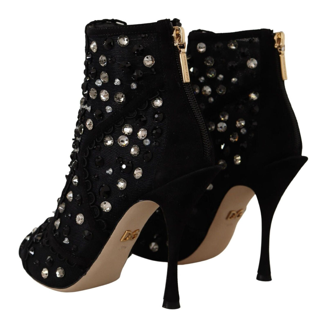 Dolce & Gabbana Black Crystals Heels Zipper Short Boots Shoes