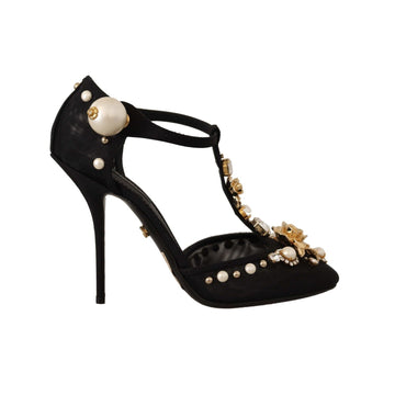 Dolce & Gabbana Black Faux Pearl Crystal Vally Heels Sandals Shoes