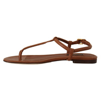 Dolce & Gabbana Brown Leather T-strap Slides Flats Sandals Shoes
