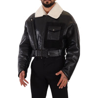 Dolce & Gabbana Black Leather Shearling Biker Coat Jacket