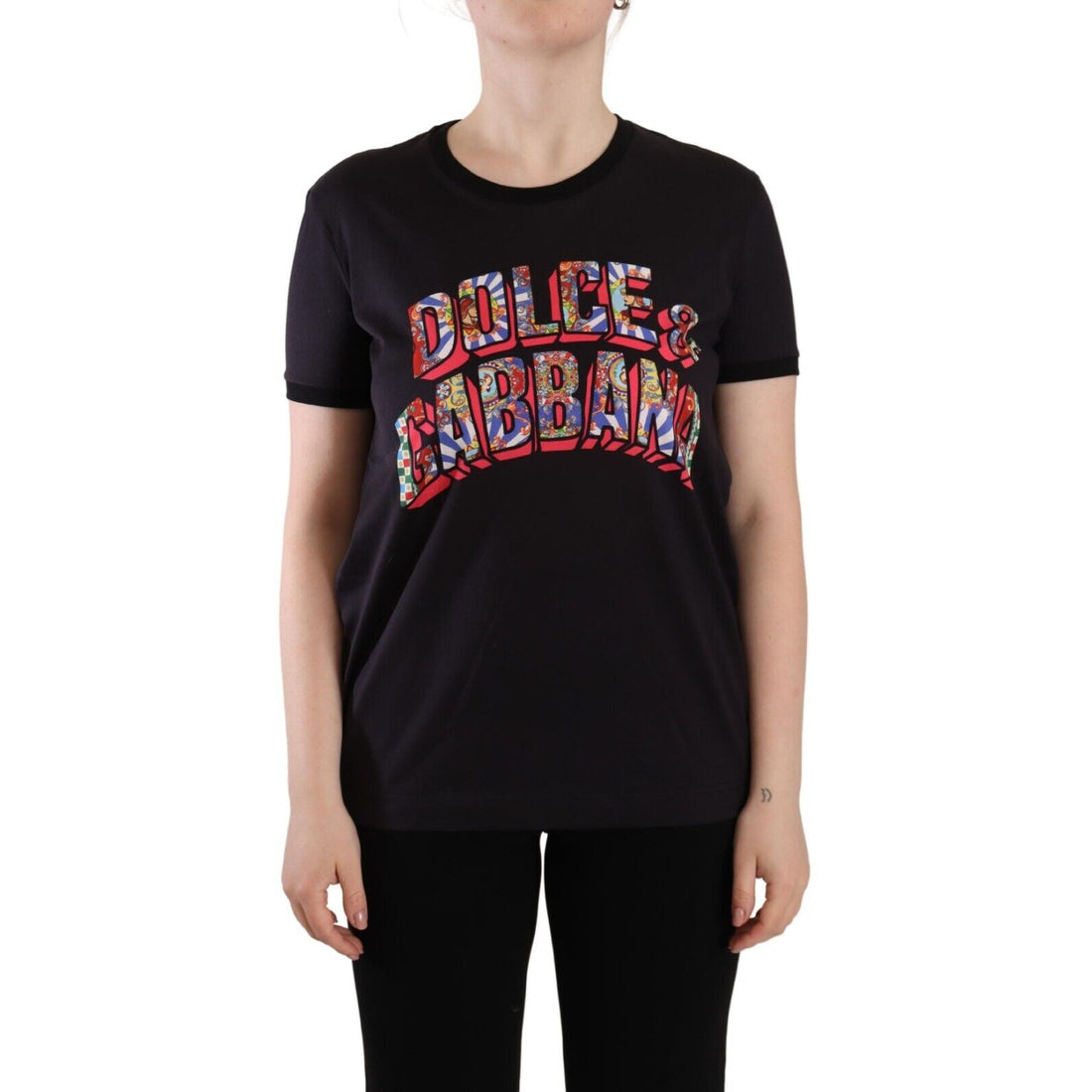 Dolce & Gabbana Black Logo Print Cotton Crew Neck Tee T-shirt