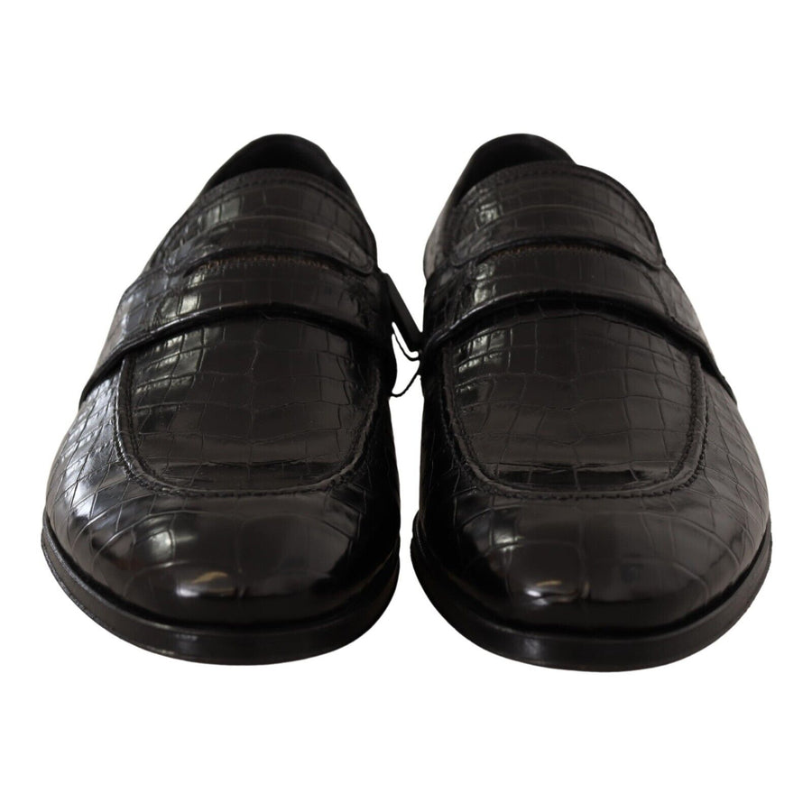 Dolce & Gabbana Black Crocodile Leather Slip On Moccasin Shoes