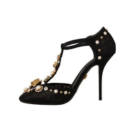 Dolce & Gabbana Black Faux Pearl Crystal Vally Heels Sandals Shoes