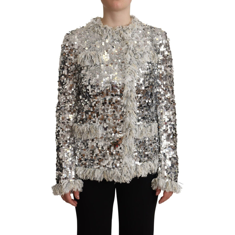 Dolce & Gabbana Silver Sequined Shearling Long Sleeves Jacket