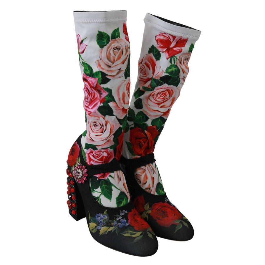 Dolce & Gabbana Black Floral Socks Crystal Jersey Boots Shoes