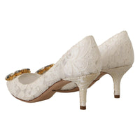 Dolce & Gabbana White Taormina Lace Crystal Heels Pumps Shoes