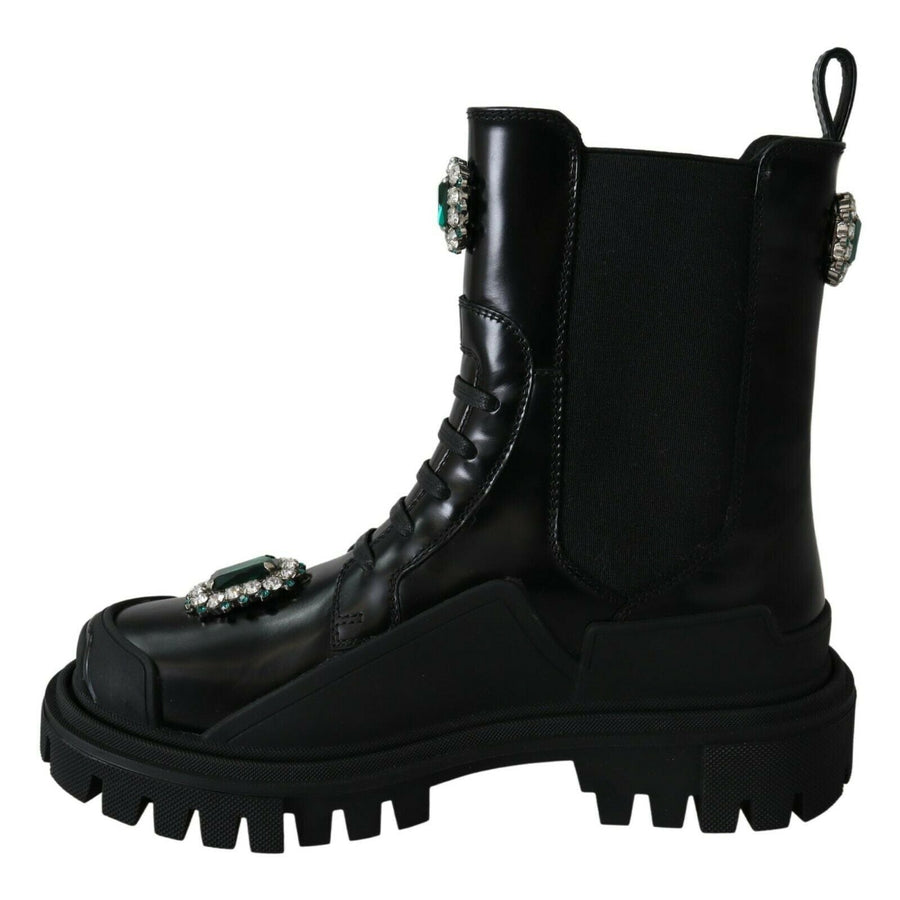 Dolce & Gabbana Black Leather Crystal Combat Boots