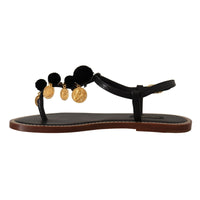 Dolce & Gabbana Black Leather Coins Flip Flops Sandals Shoes