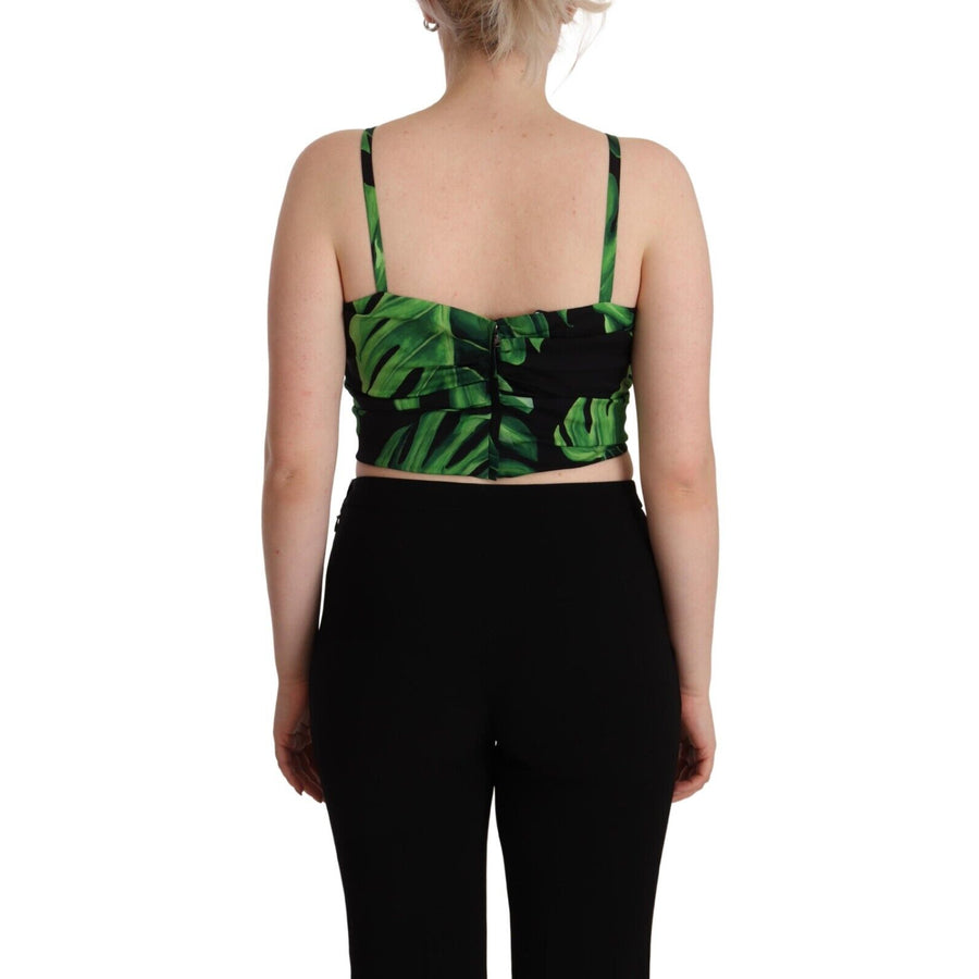Dolce & Gabbana Black Green Leaf Silk Halter Cropped Top