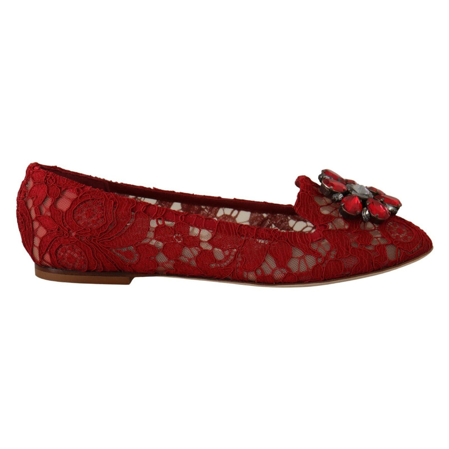 Dolce & Gabbana Red Lace Crystal Ballet Flats Loafers Shoes