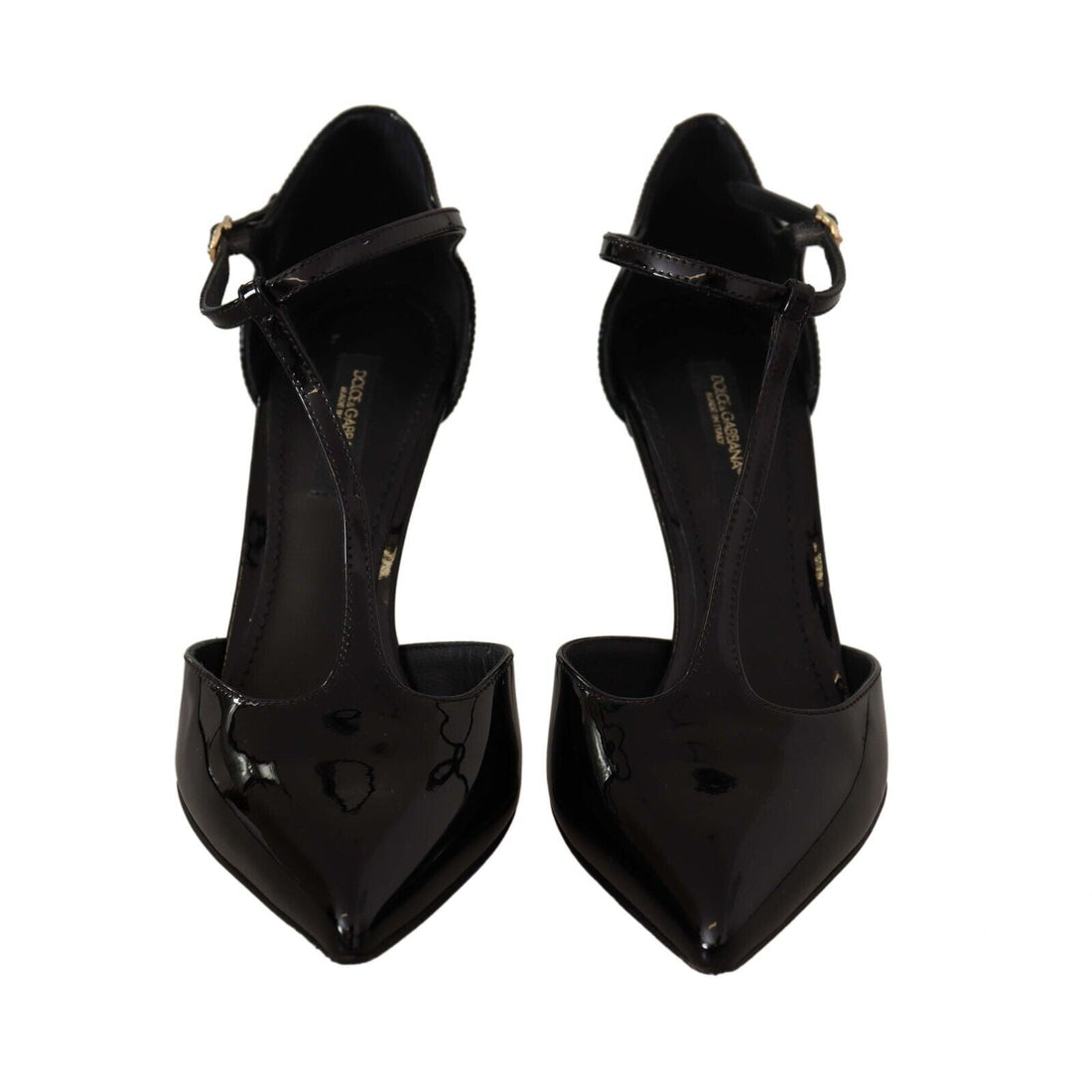 Dolce & Gabbana Black Patent Leather T-Strap Heels Sandals Shoes