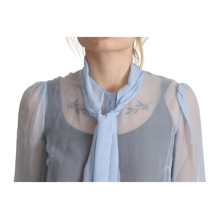 Dolce & Gabbana Light Blue Silk Ascot Collar Long Sleeves Blouse Top